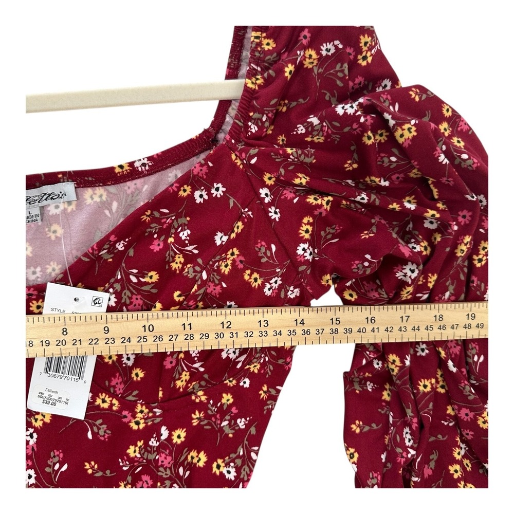 Stilletto's Size-L Dress Burgundy Mini Floral Ballon Sleeves Pockets - Picture 4 of 9